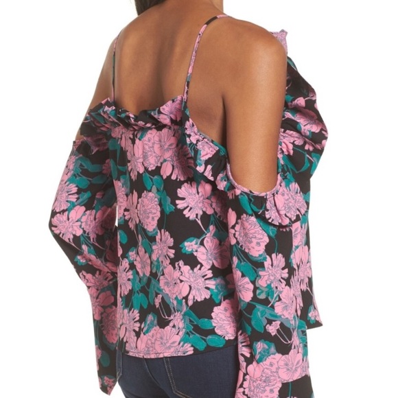 Floral Pink Black Ruffle Cold Shoulder Top Blouse - Picture 3 of 6